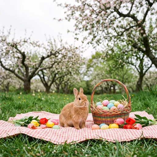 Bunny with Easter Basket in Orchard