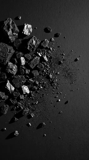 Scattered Black Coal Fragments on Dark Surface