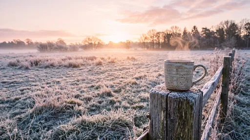 Steaming Mug on Frosty Fence at Sunrise
