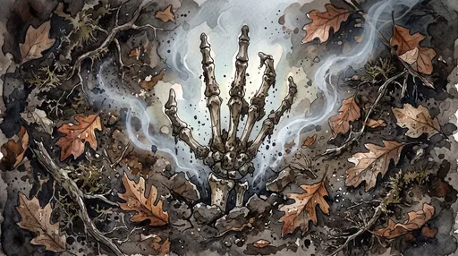 Watercolor Skeletal Hand Rising From Autumn Soil