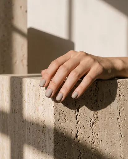 Matte Greige Manicure on Travertine Stone