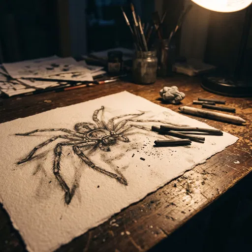 Charcoal Spider Sketch on Artist Desk