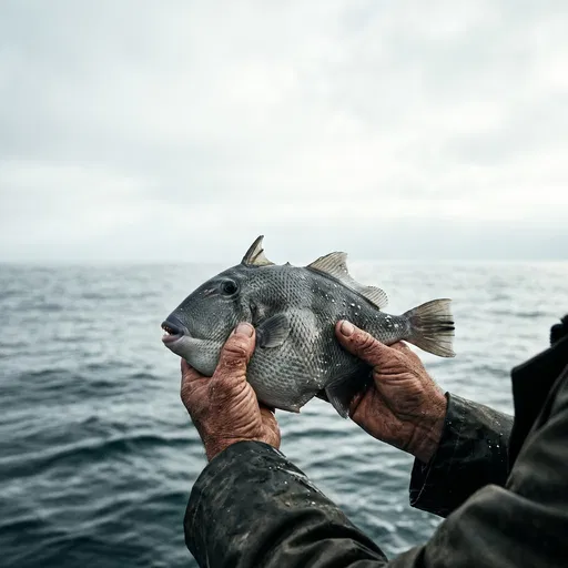 Fisherman Hands Holding Grey Triggerfish