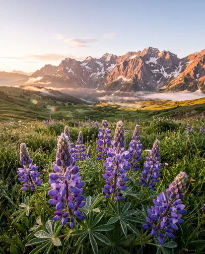Purple Lupines Before Sunlit Mountain Peaks