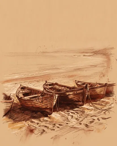 Sanguine Chalk Sketch of Beached Rowboats