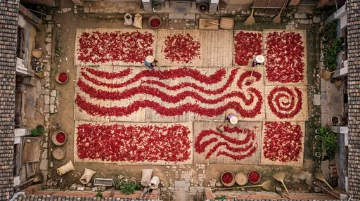 Aerial View of Drying Chili Peppers