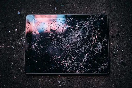 Shattered Tablet Screen on Dark Ground