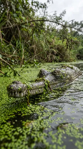 Gharial Crocodile Emerging From Duckweed Water