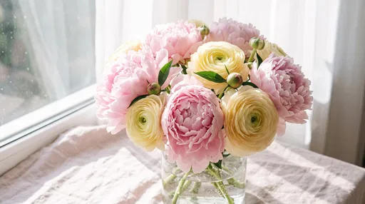 Pastel Peonies and Ranunculus in Glass Vase
