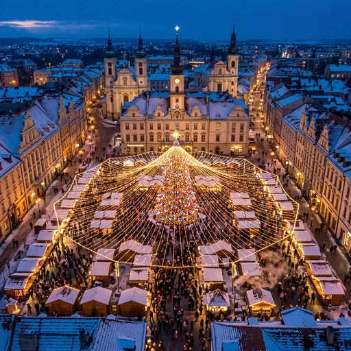 Aerial View of Festive Christmas Market Plaza