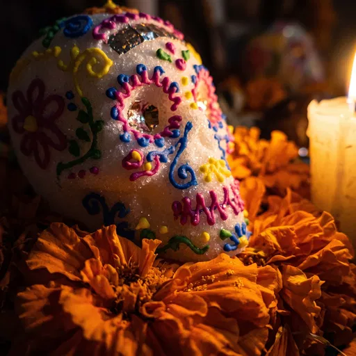 Decorated Sugar Skull on Marigold Flowers