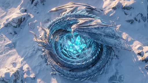 Frost Dragon Coiled Around Glowing Ice Crystals