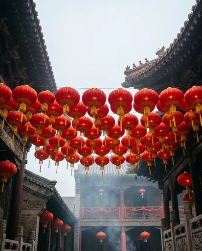 Red Lanterns in Traditional Chinese Courtyard