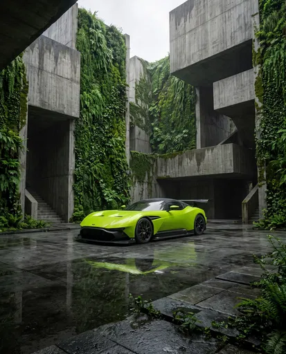Lime Green Hypercar in Brutalist Courtyard