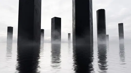 Black Monoliths in Misty Reflective Water
