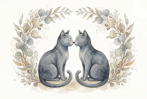 Watercolor Grey Cats in Eucalyptus Wreath
