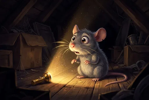 Surprised Cartoon Rat in Dark Attic