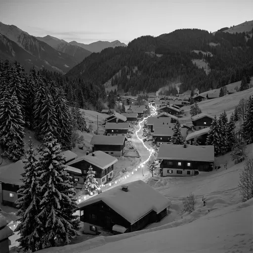 Monochrome Snowy Alpine Village with Lights