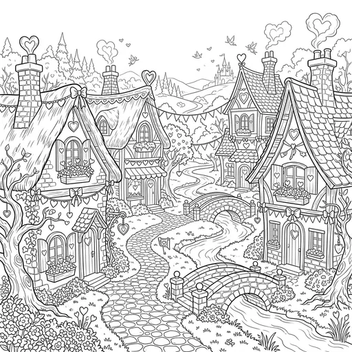 Valentine Fairy Tale Village Coloring Page