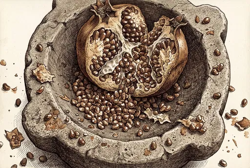 Sepia Ink Pomegranate in Stone Mortar