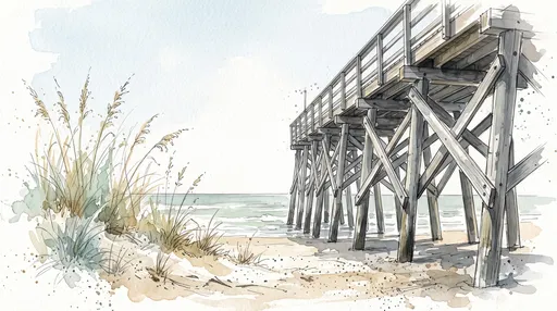 Watercolor Illustration of Coastal Wooden Pier