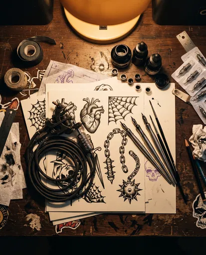Top-Down Tattoo Artist Desk with Flash Art