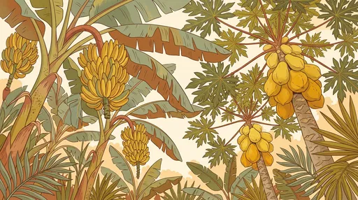 Botanical Illustration of Bananas and Papayas