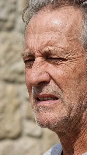 Close-Up of Older Man Grimacing Outdoors