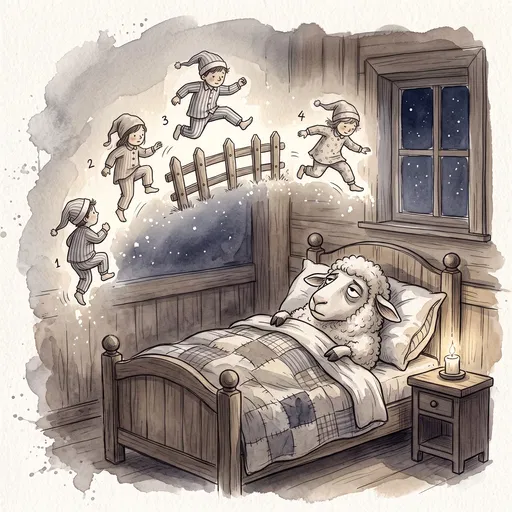 Tired Sheep Counting Jumping Humans in Bed
