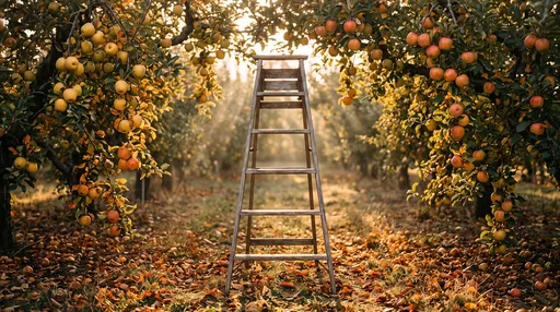 Wooden Ladder in Autumn Apple Orchard
