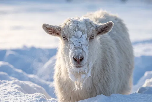 Fluffy White Goat Covered in Snow