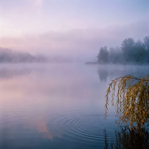 Misty Pastel Lake with Willow Branch