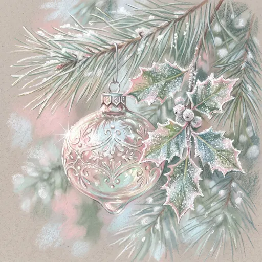 Pastel Drawing of Christmas Bauble and Holly