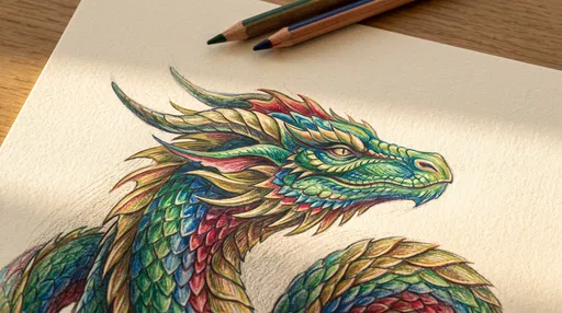 Vibrant Colored Pencil Dragon Drawing on Paper
