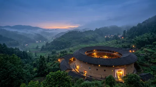Fujian Tulou in Misty Valley at Twilight