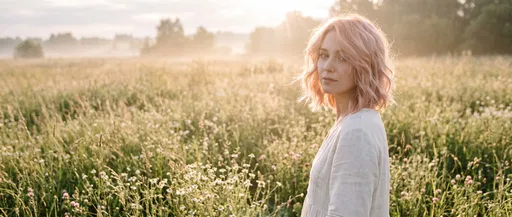 Woman With Rose-Gold Bob in Sunlit Meadow