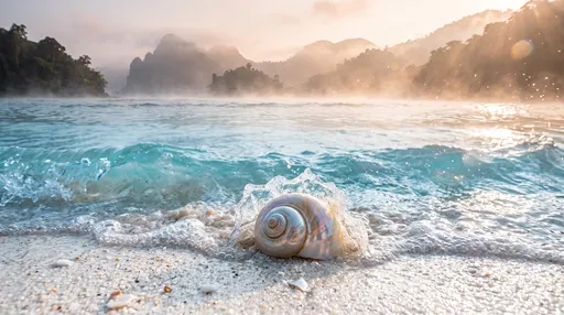 Spiral Seashell on Misty Tropical Beach