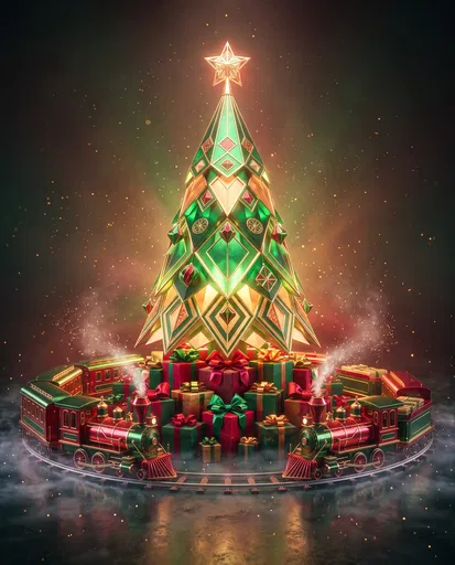 Geometric Christmas Tree with Toy Trains