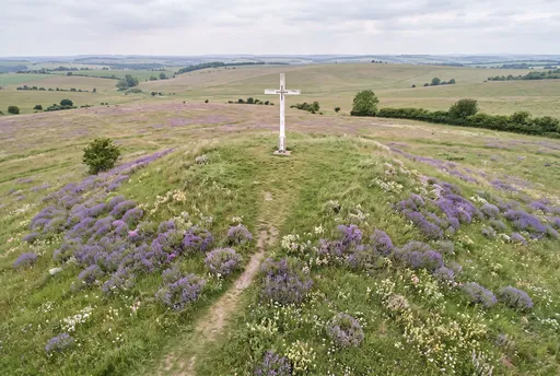 White Cross on Flowering Hilltop