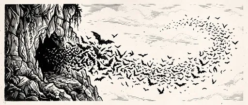 Woodcut Illustration of Bats Leaving Cave