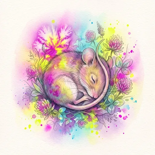 Watercolor Sleeping Mouse in Neon Florals