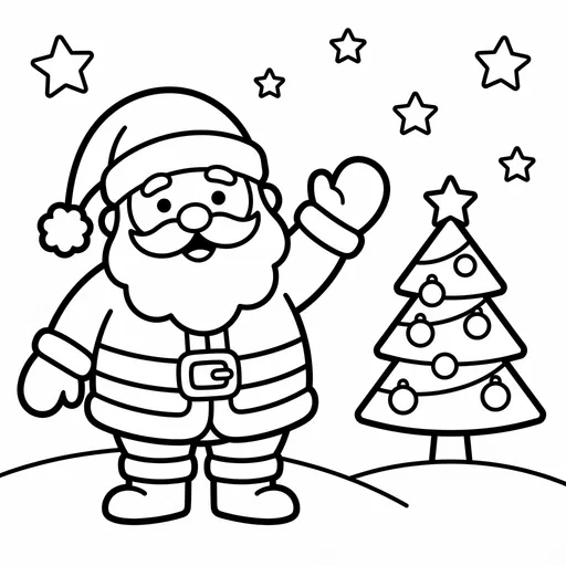 Cute Santa and Tree Coloring Page
