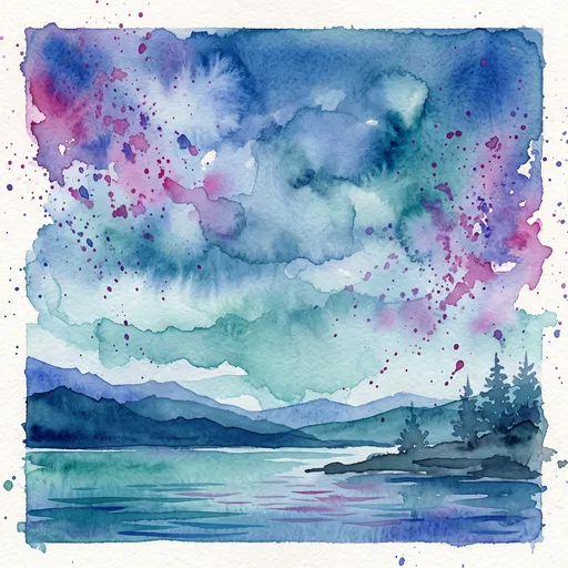 Watercolor Blue Hour Lake and Mountain Landscape