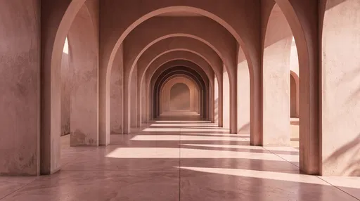Symmetrical Dusty Pink Archway Corridor in Sunlight