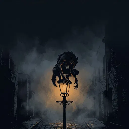 Werewolf Crouched on Foggy Alley Streetlamp