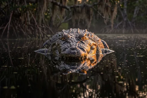 Crocodile Reflecting in Dark Swamp Water