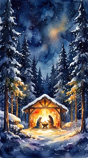 Watercolor Christmas Nativity in Snowy Forest