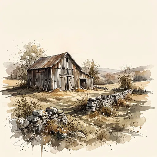 Watercolor Barn and Stone Wall Landscape