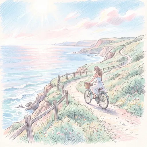 Woman Cycling Along Coastal Cliff Path Illustration