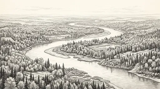 Ink Drawing of Meandering Forest River